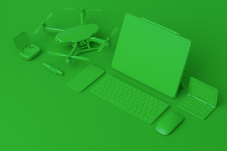 Desktop computer with keyboard, tablet, drone and DSLR camera on monochrome background. 3D render of creative designer equipment and compact workspaceの写真素材