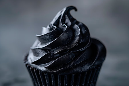Tasty chocolate cupcake with black cream on dark background. Shallow depth of field.の素材