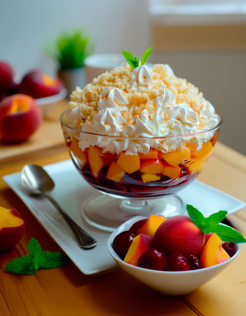 Vanilla peach dessert or melba ice cream with peach fruits. Colorful assortment of fruit salad topped with whipped cream.の素材