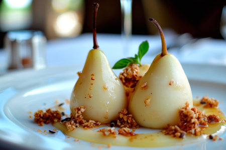 Paleo style dessert poached pear dessert pashot. Pear caramelized in syrup on a wooden plate.の素材