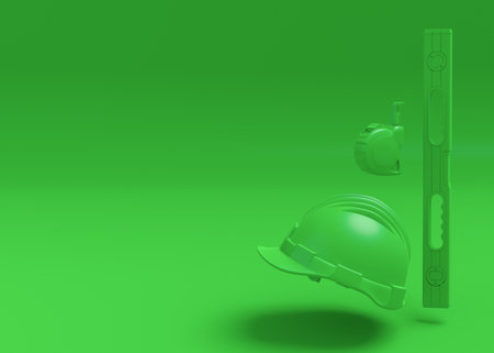 Flying view of monochrome construction tools for repair and installation on multicolor background. 3d render and illustration of service banner for house plumber or repairmanの写真素材