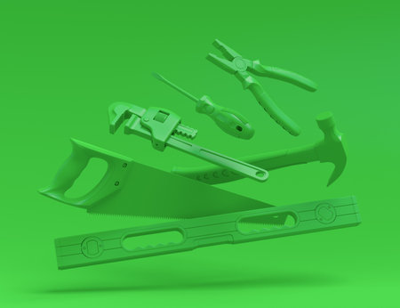 Flying view of monochrome construction tools for repair and installation on multicolor background. 3d render and illustration of service banner for house plumber or repairmanの写真素材