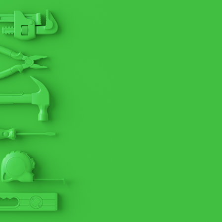 Top view of monochrome construction tools for repair and installation on multicolor background. 3d render and illustration of service banner for house plumber or repairmanの写真素材