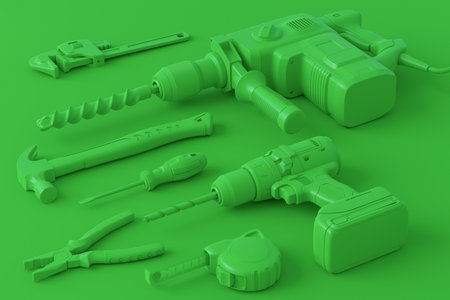 Isometric view of monochrome construction tools for repair and installation on multicolor background. 3d render and illustration of service banner for house plumber or repairmanの写真素材