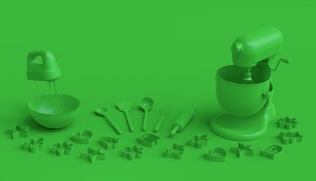 Mixer and cookie cutters with kitchen utensil for making cookies on green monochrome background. 3d render cooking process step by step and accessories for cooking, blending and mixingの写真素材