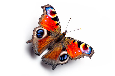 Beautiful Peacock butterfly isolated on a white background. Side view.の素材