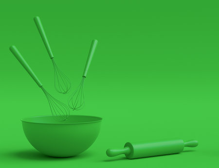 Wooden kitchen utensils, tools and equipment on green monochrome background. 3d render of home kitchen tools and accessories for cookingの写真素材