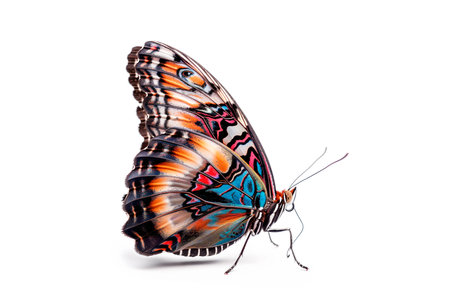 Beautiful Malabar Banded Peacock butterfly isolated on a white background. Side view.の素材