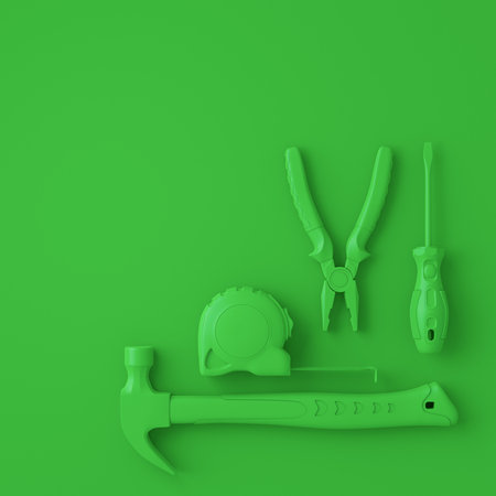 Top view of monochrome construction tools for repair and installation on multicolor background. 3d render and illustration of service banner for house plumber or repairmanの写真素材