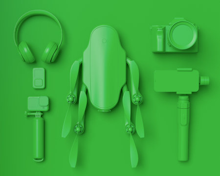 Top view of designer workspace and gear like nonexistent DSLR camera, mobile phone, drone and action camera on selfie stick on monochrome background. 3d rendering of accessories for live streamingの写真素材
