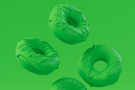 Chocolate glazed donut with sprinkles in motion falling on plain monochrome green color background with copy space. 3d render of fast food bakery ad design elements with frosting confectioneryの写真素材