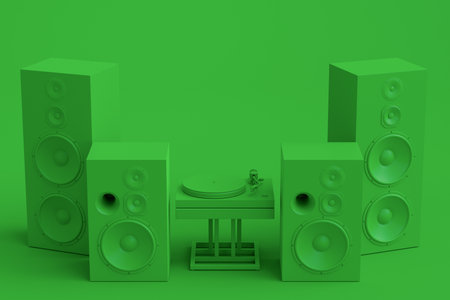 Set of Hi-fi speakers with loudspeakers and DJ turntable on monochrome background. 3d render audio equipment like boombox and vinyl record player for sound recording studioの写真素材