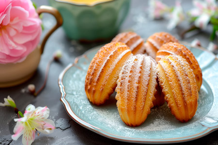 Classic French madeleine cookies, buttery and delicate, mini sponge cake baked in scallop mold.の素材