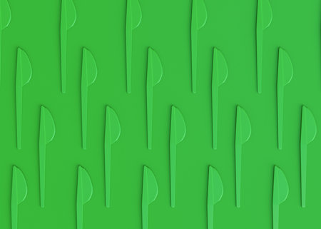 Set of disposable utensils like plate, folk, spoon,knife, cup and pepper and salt mill on green monochrome background with copy space. 3d render concept of save the earth and zero wasteの写真素材