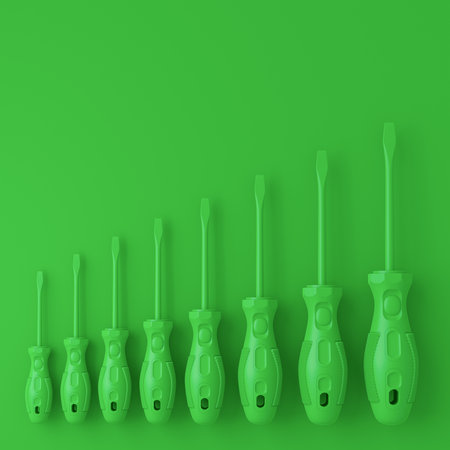 Set of monochrome screwdriver on multicolor background top view. 3d render and illustration of tool for carpentry work or instrument for woodの写真素材