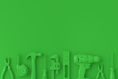 Top view of monochrome construction tools for repair and installation on multicolor background. 3d render and illustration of service banner for house plumber or repairmanの写真素材