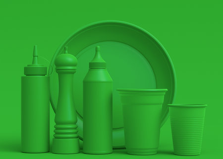 Set of disposable utensils like plate, folk, spoon,knife, cup and pepper and salt mill on green monochrome background with copy space. 3d render concept of save the earth and zero wasteの写真素材