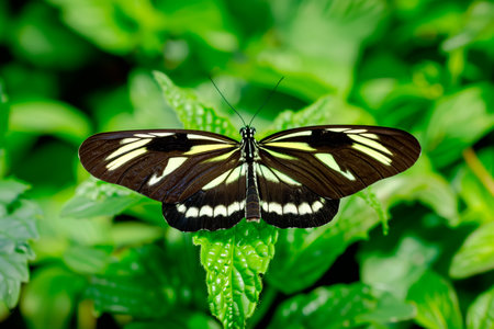 Beautiful Zebra Longwing butterfly rests among the foliage of a garden.の素材