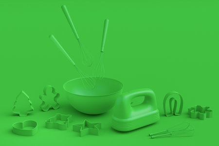 Mixer and cookie cutters with kitchen utensil for making cookies on green monochrome background. 3d render cooking process step by step and accessories for cooking, blending and mixingの写真素材