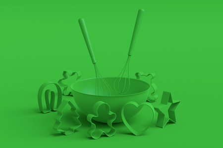 Set of metal cookie cutters for homemade Christmas biscuit on a green monochrome background. 3d render of making gingerbread cookies in the kitchen.の写真素材