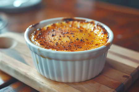 Creme brulee served in a classic ramekin, combination of creamy custard and caramelized sugar. French dessert and Crema Catalana like panna cottaの素材