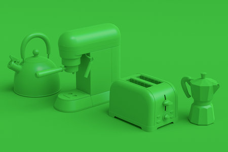 Espresso coffee machine with horn, kettle and geyser coffee maker for preparing breakfast on green monochrome background. 3d render of coffee pot for making latte coffeeの写真素材
