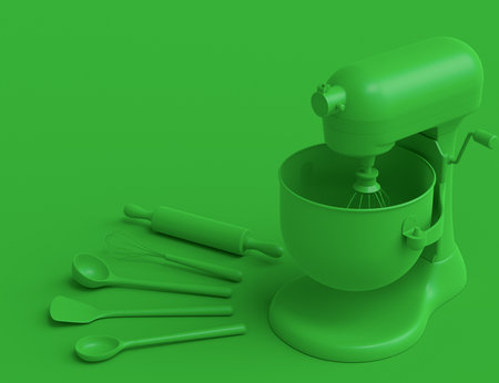 Mixer and cookie cutters with kitchen utensil for making cookies on green monochrome background. 3d render cooking process step by step and accessories for cooking, blending and mixingの写真素材