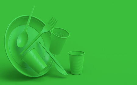 Set of disposable utensils like plate, folk, spoon,knife, cup and pepper and salt mill on green monochrome background with copy space. 3d render concept of save the earth and zero wasteの写真素材