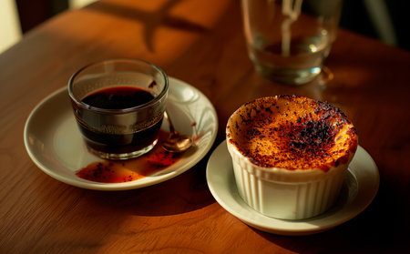 Creme brulee served in a classic ramekin, combination of creamy custard and caramelized sugar. French dessert and Crema Catalana like panna cottaの素材