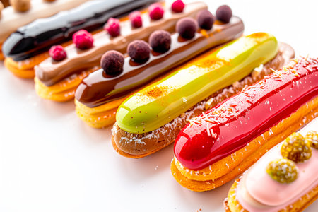 Different types of eclairs topped with nuts, berries and chocolate on a white background.の素材