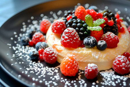 A classic Creme brulee, served in a ramekin, combination of creamy custard and caramelized sugar. This French delicacy is reminiscent of both creme Catalana and panna cotta, adorned with fresh fruits on top.の素材