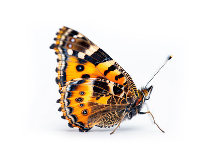 Beautiful Small Tortoiseshell butterfly isolated on a white background. Side viewの素材