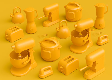 Electric kitchen appliances and utensils for making culinary on yellow monochrome background. 3d render of kitchenware for cooking, baking, blending and whippingの写真素材