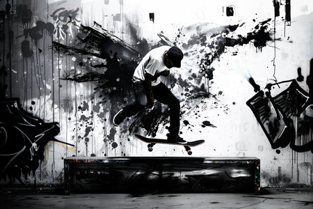 A man is skateboarding on a skate board on grunge background with black ink splatters. Graffiti concept.の素材