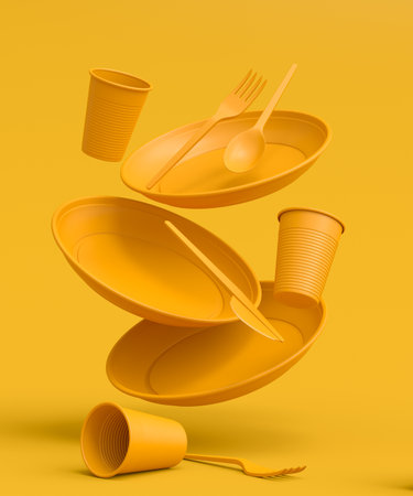 Set of disposable utensils like plate, folk, spoon,knife, cup and pepper and salt mill on yellow monochrome background with copy space. 3d render concept of save the earth and zero wasteの写真素材