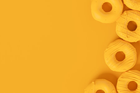 Isometric view of glazed donut with sprinkles on plain monochrome yellow color background with copy space. 3d render of fast food bakery ad design elements with frosting confectioneryの写真素材
