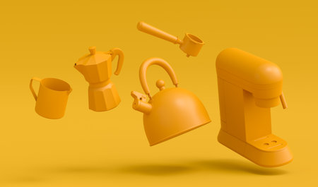 Espresso coffee machine with horn, kettle and geyser coffee maker for preparing breakfast on yellow monochrome background. 3d render of coffee pot for making latte coffeeの写真素材