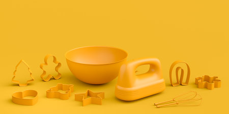 Mixer and cookie cutters with kitchen utensil for making cookies on yellow monochrome background. 3d render cooking process step by step and accessories for cooking, blending and mixingの写真素材