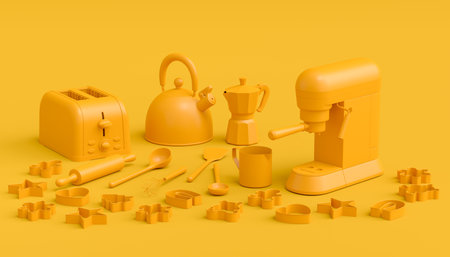 Electric kitchen appliances and utensils for making culinary on yellow monochrome background. 3d render of kitchenware for cooking, baking, blending and whippingの写真素材