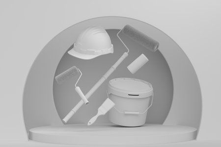 Abstract scene or podium with safety helmet, bucket with paint rollers on monochrome background. 3d render of scene for product presentation carpenter tool for repair on stage, pedestal or platformの写真素材