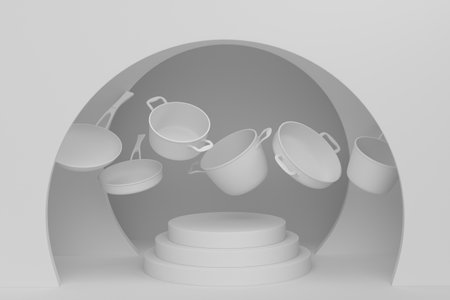 Abstract scene or podium with stewpot and frying pans on monochrome background. 3d render of scene for product presentation or showing product on stage, pedestal or platformの写真素材