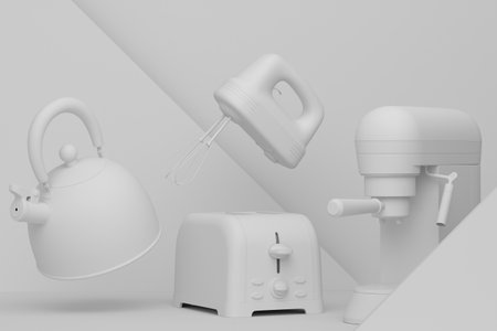 Abstract scene or podium with kitchen appliances and utensils on monochrome background. 3d render of scene for product presentation or showing product on stage, pedestal or platformの写真素材