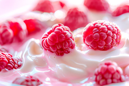 Macro photo of delicious raspberry ice cream as background, close up of yogurt texture. Selective focus.の素材