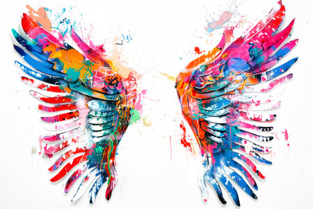 Two painting wings covered in vibrant colorful splatters on a white wall. Grunge and graffiti style. Design element.の素材