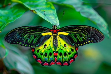 Beautiful Chimaera Birdwing butterfly rests among the foliage of a garden.の素材