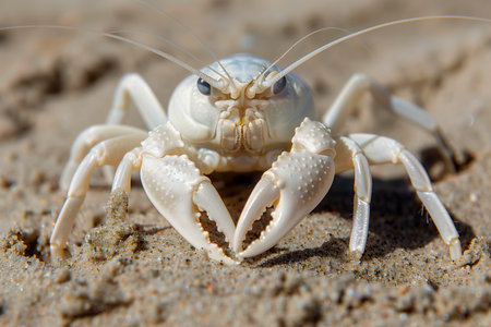 Extreme close-up of a ghost crab or crustacean on a sandy beach, sunny day.の素材