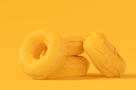 Stack of glazed donut with sprinkles on plain monochrome yellow color background with copy space. 3d render of fast food bakery ad design elements with frosting confectioneryの写真素材