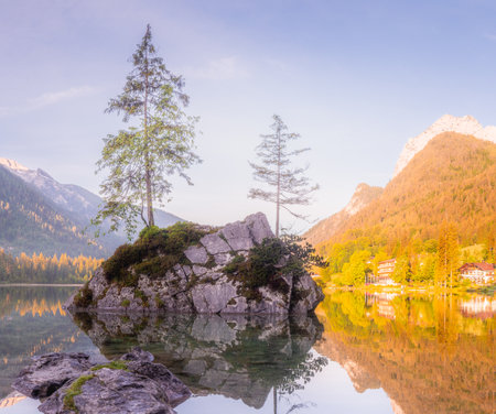 Mountain landscape and view of beautiful Hintersee lake in Berchtesgaden National Park, Upper Bavarian Alps, Germany, Europe. Beauty of nature concept background.の写真素材