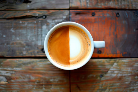 Top view of cup of coffee a mixture of half coffee and half milk on wooden background.の素材