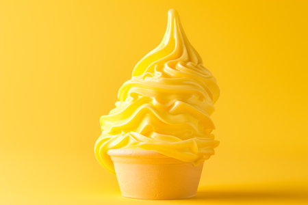 Ice cream cone with a single scoop of lemon ice cream, topped with a vibrant green leaf. Selective focus.の素材